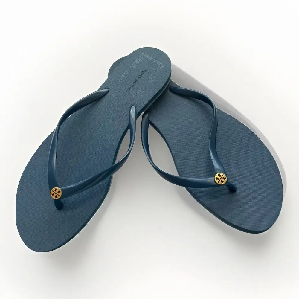 Tory Burch Women's Chelsea Flip Flop Sandals Navy Blue Size 11 Gold Logo, NEW